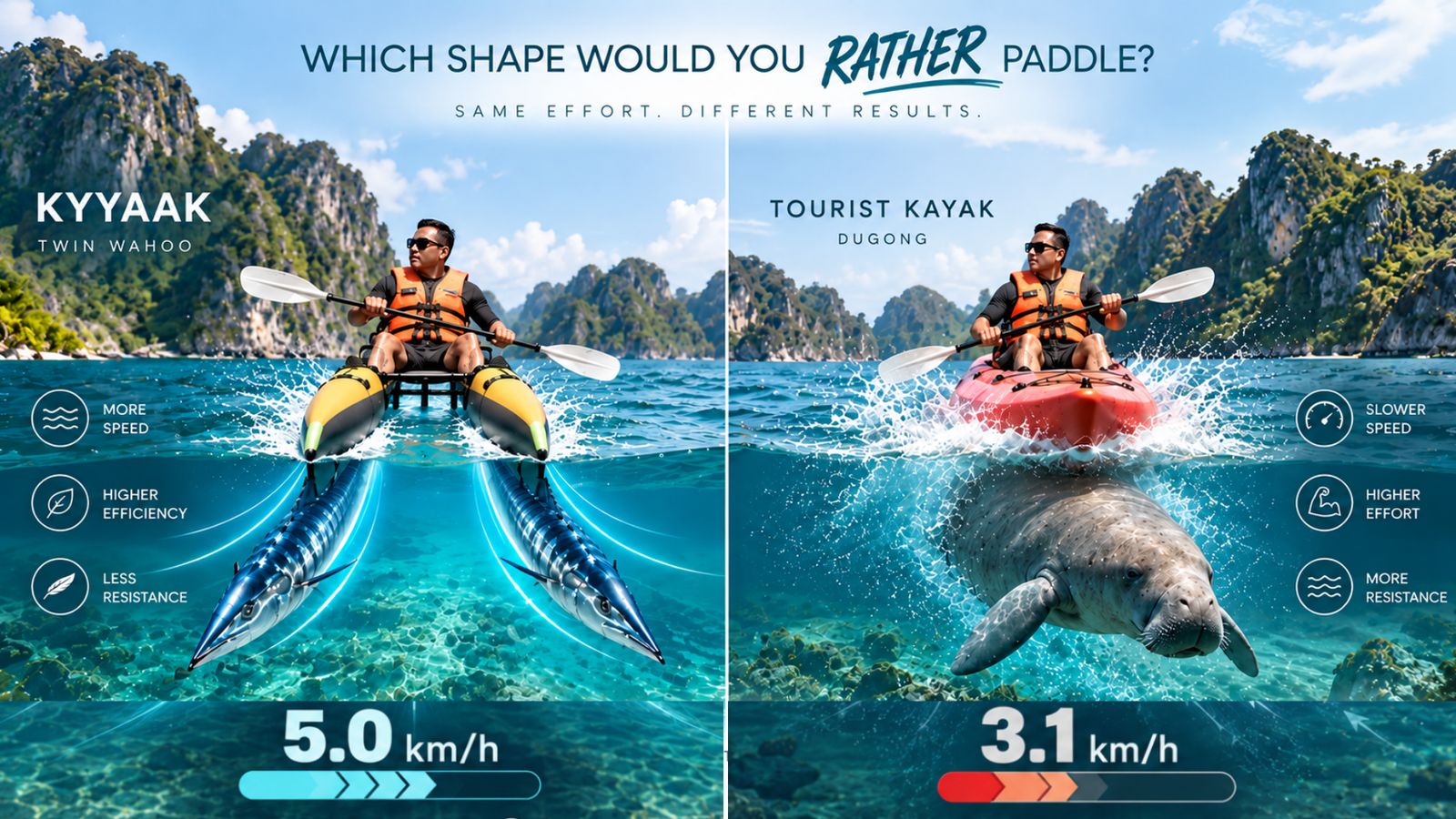 Comparison: KYYAAK twin hull at 5.0 km/h versus a standard tourist kayak at 3.1 km/h with the same effort