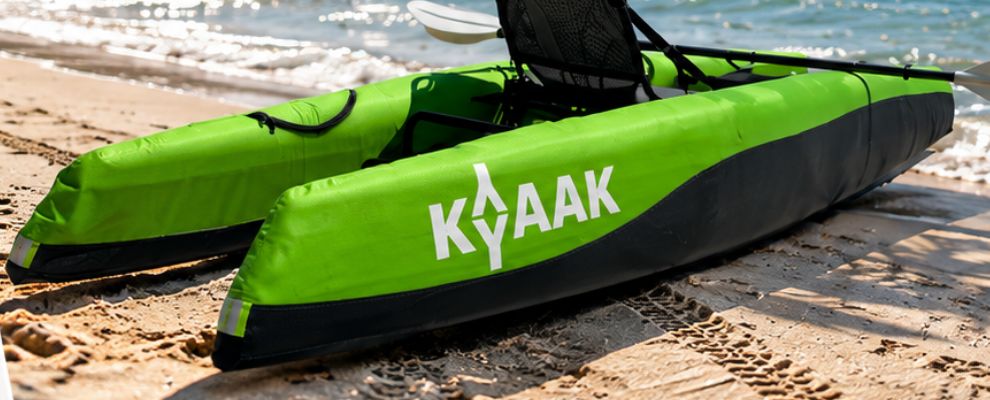 Green KYYAAK kayak on the sand