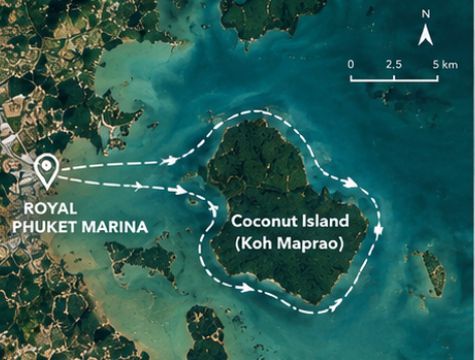Route map from Royal Phuket Marina around Coconut Island (Koh Maprao)