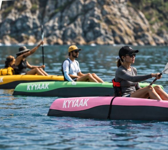 Guests paddling KYYAAK kayaks together